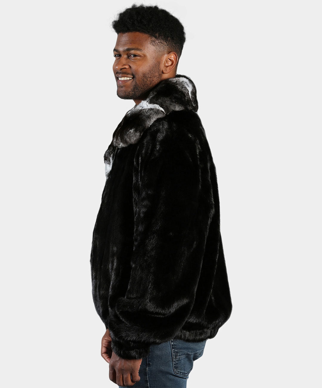 Men's Pre-owned Black Mink Bomber Jacket with Chinchilla Collar