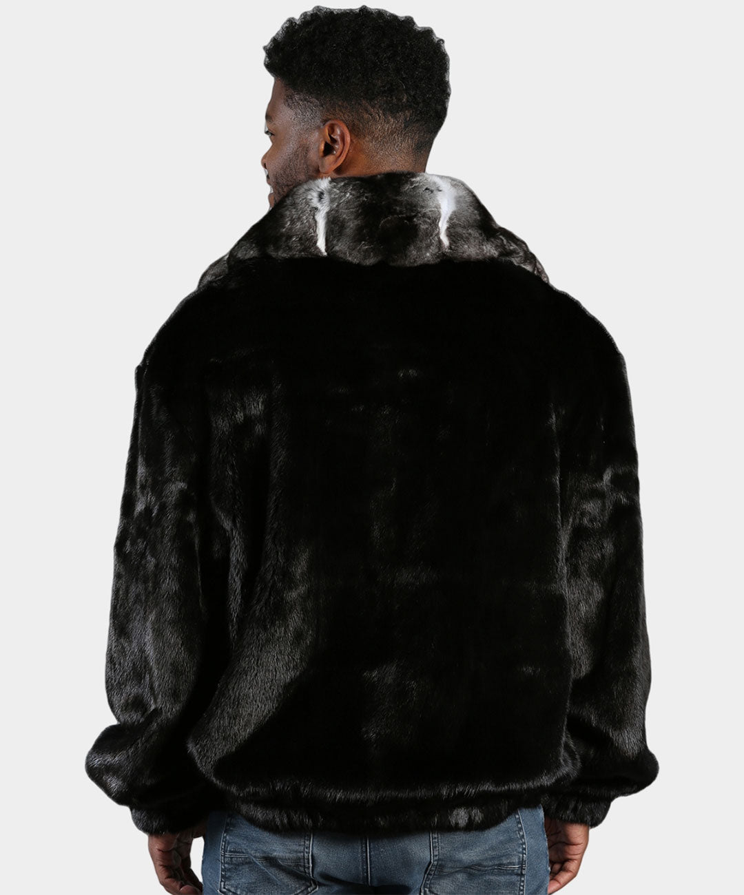 Men's Pre-owned Black Mink Bomber Jacket with Chinchilla Collar