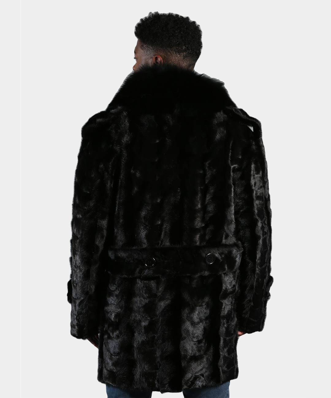 Black Mink Fur Pea Coat with Fox Collar