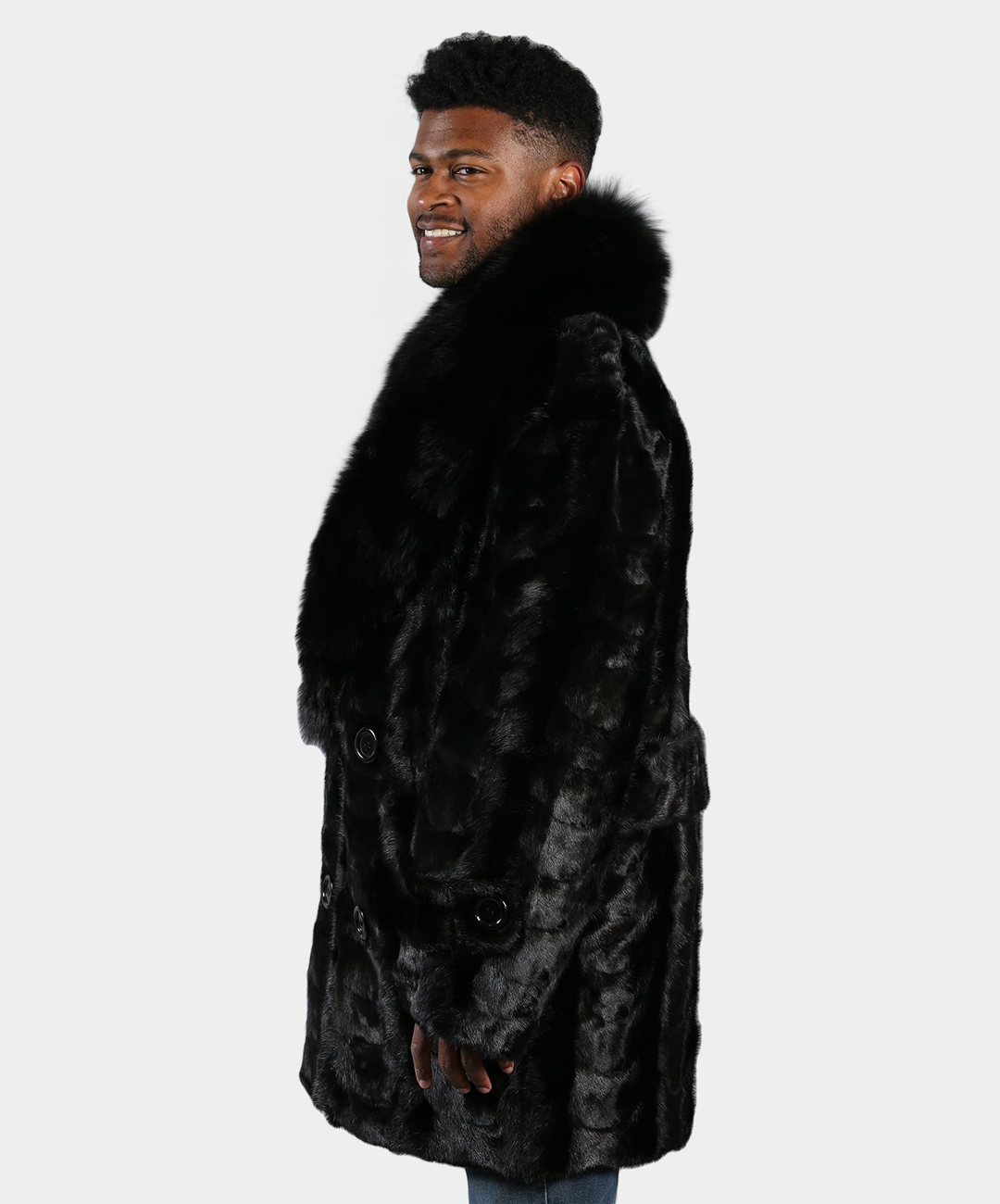 Black Mink Fur Pea Coat with Fox Collar