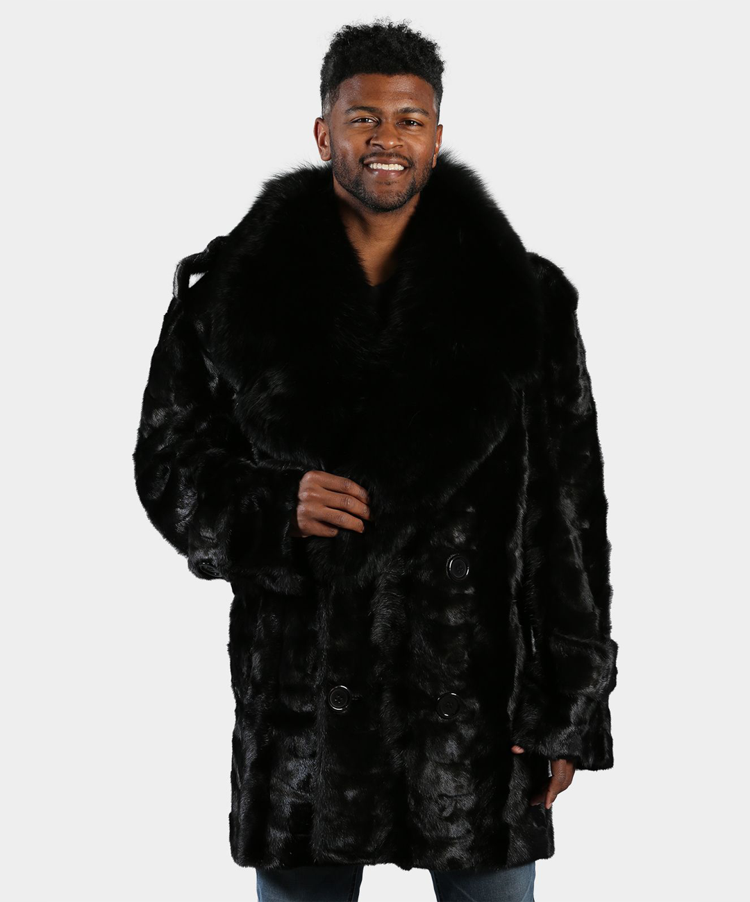Black Mink Fur Pea Coat with Fox Collar