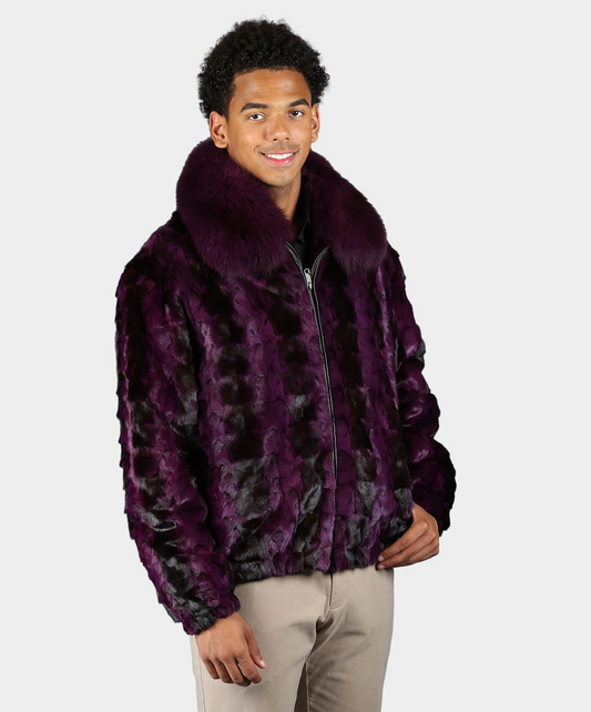Cross Maroon Mink Fur Bomber Jacket with Fox Collar