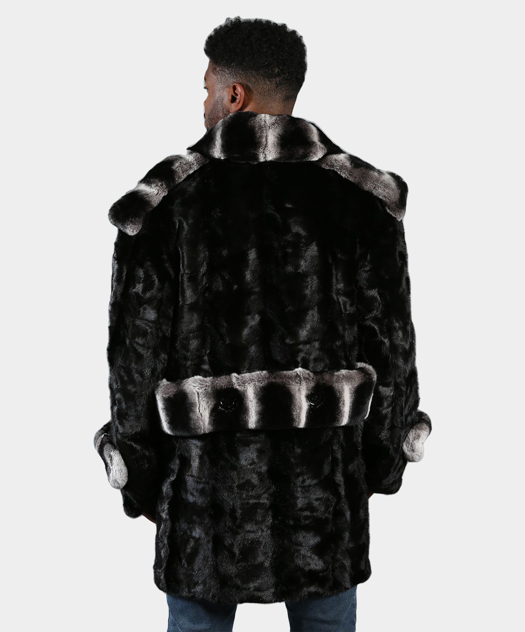 Cross Black Mink Fur Pea Coat with Rex Rabbit Collar