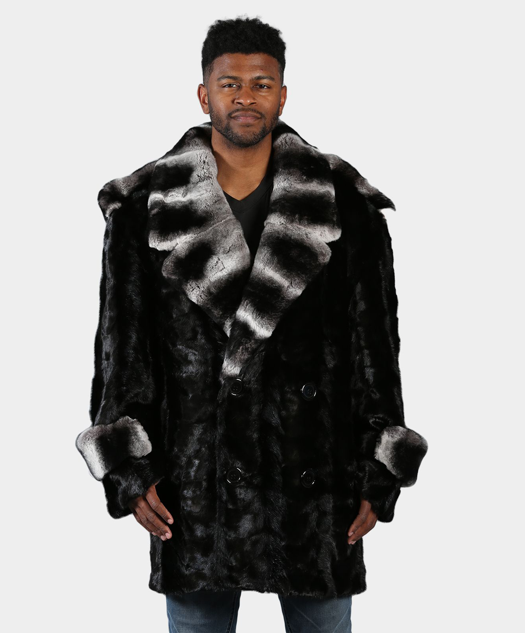 Cross Black Mink Fur Pea Coat with Rex Rabbit Collar