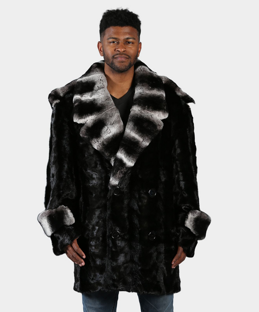 Cross Black Mink Fur Pea Coat with Rex Rabbit Collar