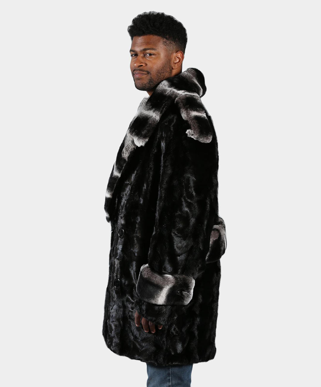 Cross Black Mink Fur Pea Coat with Rex Rabbit Collar