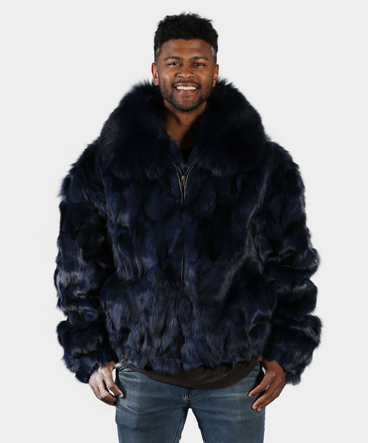 Midnight Blue Sectioned Fox Fur Coat with Fox Collar