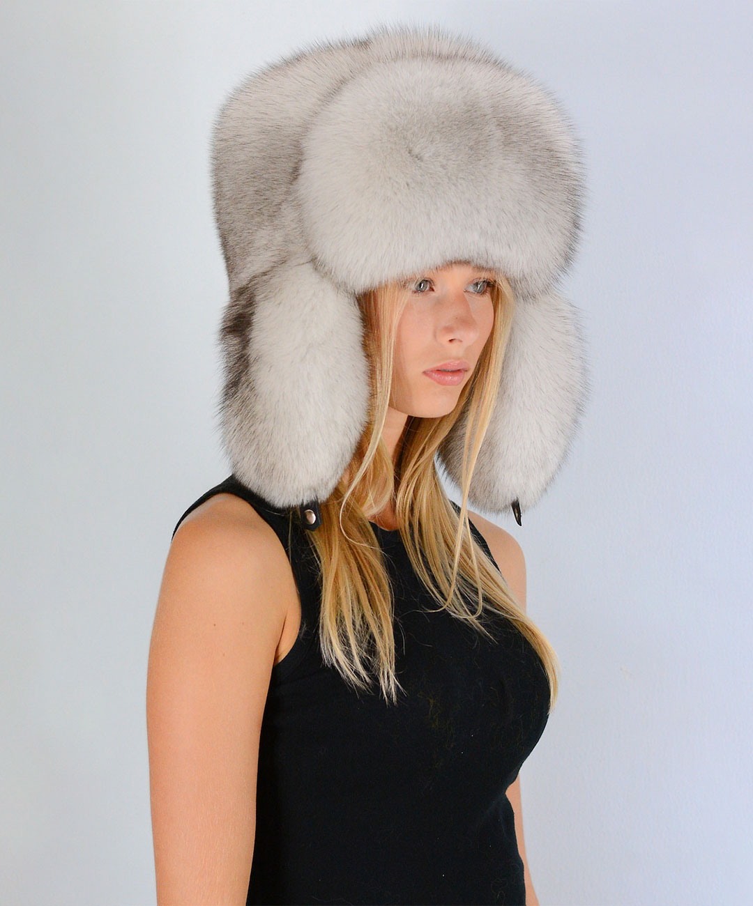 Women's Natural White Blue Fox Fur Bomber Aviator Trapper Cap