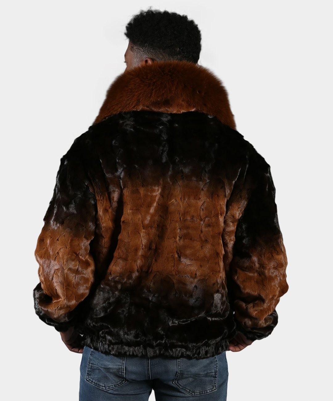 Cross Whiskey Mink Fur Bomber Jacket with Fox Collar