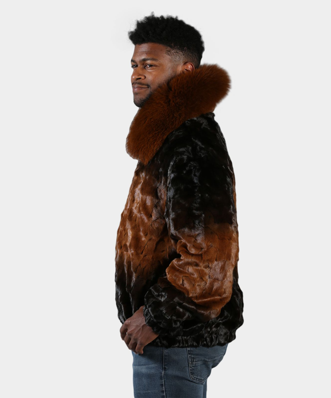 Cross Whiskey Mink Fur Bomber Jacket with Fox Collar