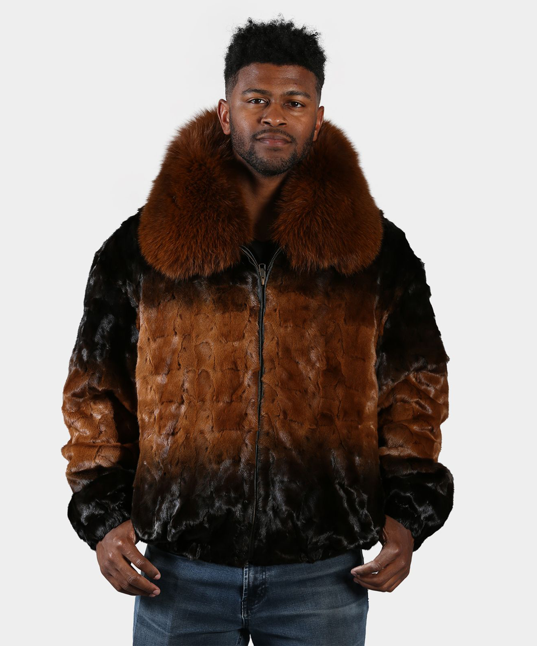 Cross Whiskey Mink Fur Bomber Jacket with Fox Collar