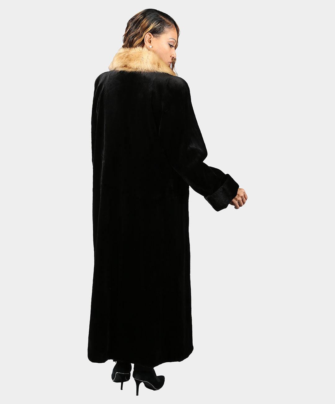 Women's Black Sheared Mink Fur Coat with Cross Cut Golden Fox Collar and Tuxedo Front