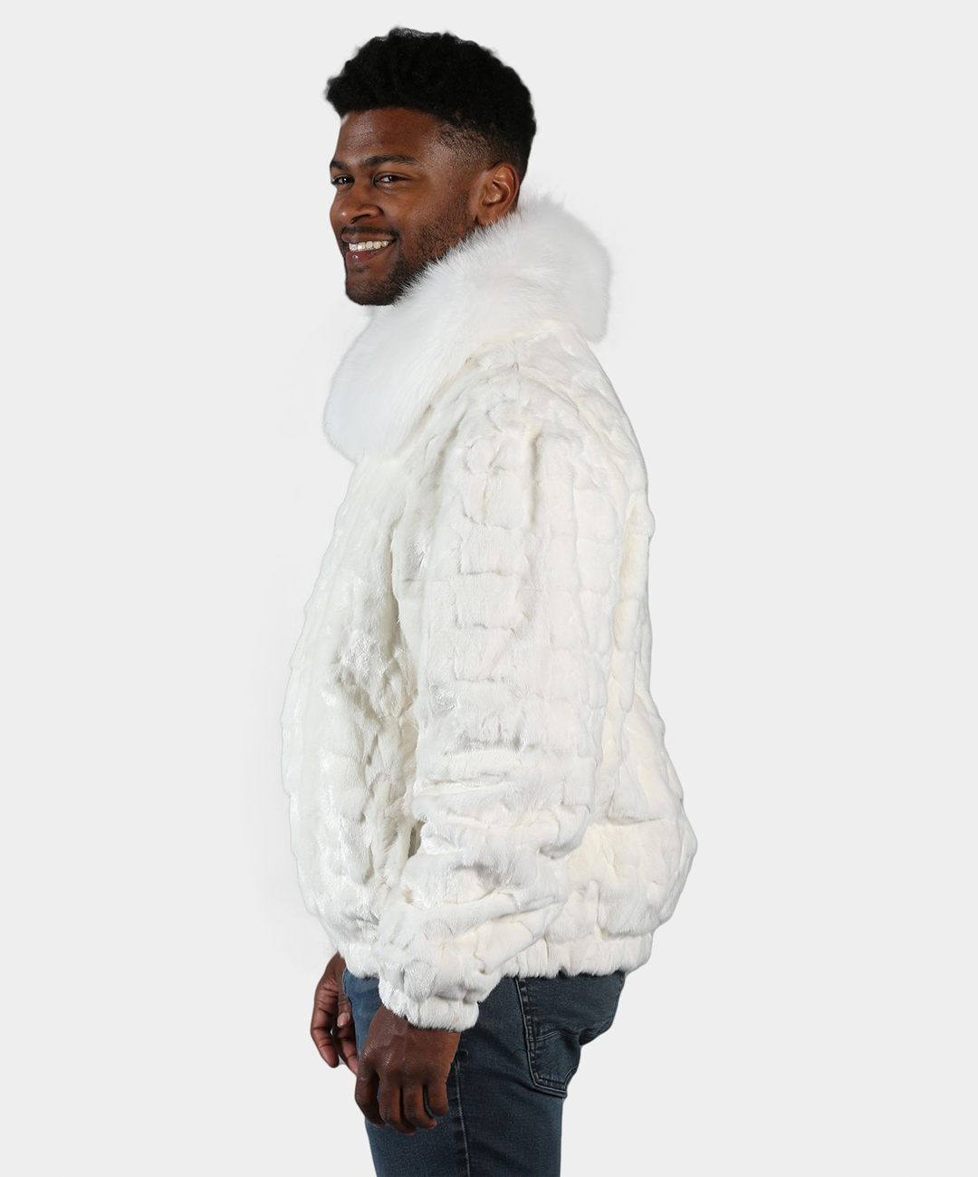 Cross White Mink Fur Bomber Jacket with Fox Collar
