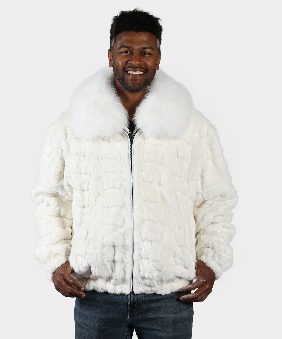 Cross White Mink Fur Bomber Jacket with Fox Collar