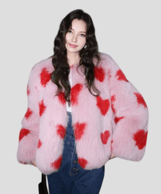Pink & ‘Red Hearts’ dyed Fox Fur Jacket