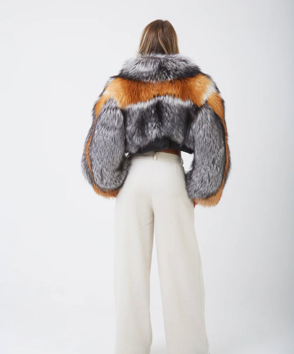 Braun gefärbte Silberfuchspelzjacke für Damen