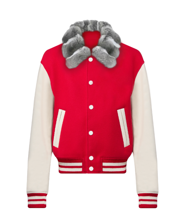 Cherry Varsity Jacket with Chinchilla Collar