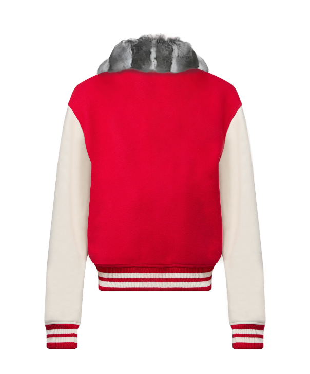 Cherry Varsity Jacket with Chinchilla Collar