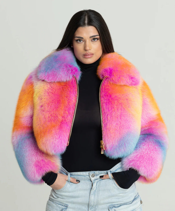 Braun gefärbte Silberfuchspelzjacke für Damen