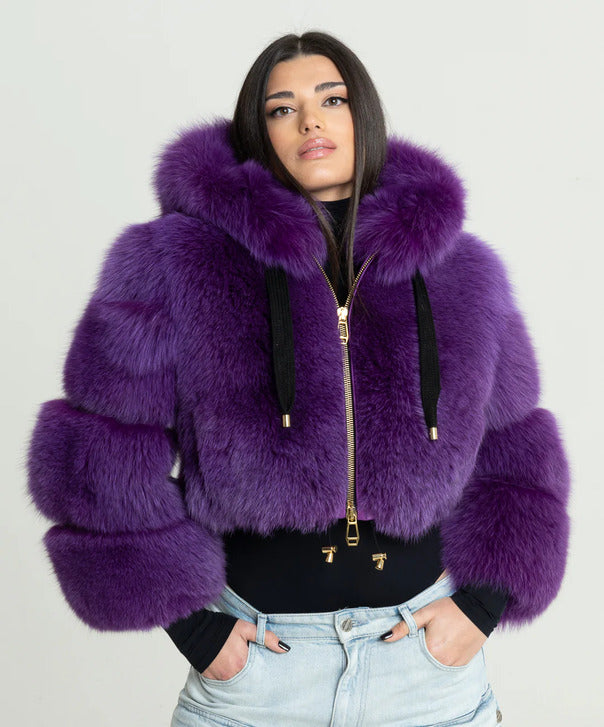 Braun gefärbte Silberfuchspelzjacke für Damen