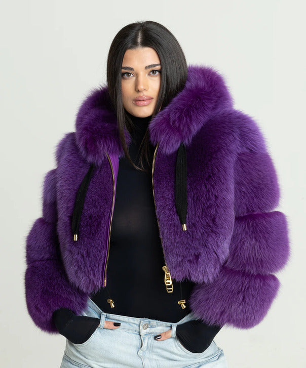 Braun gefärbte Silberfuchspelzjacke für Damen