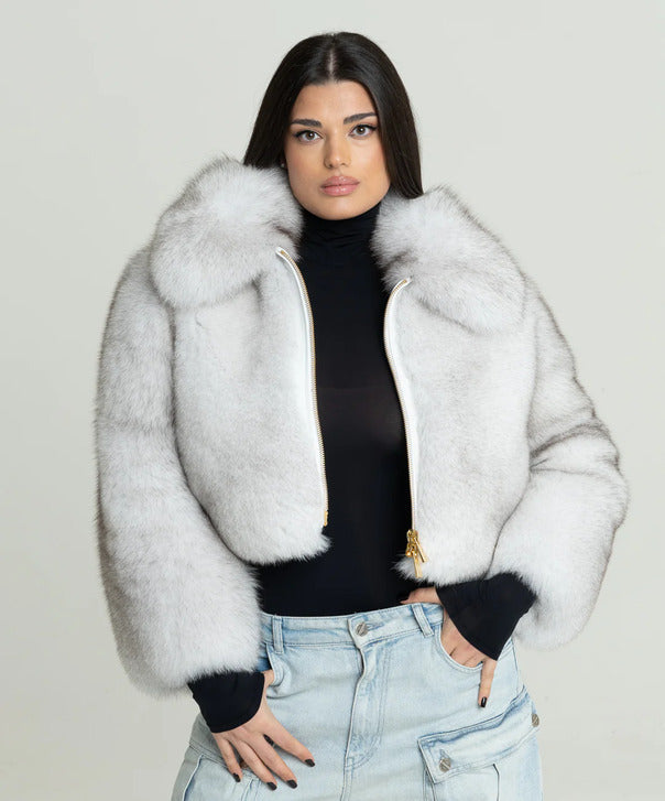Braun gefärbte Silberfuchspelzjacke für Damen
