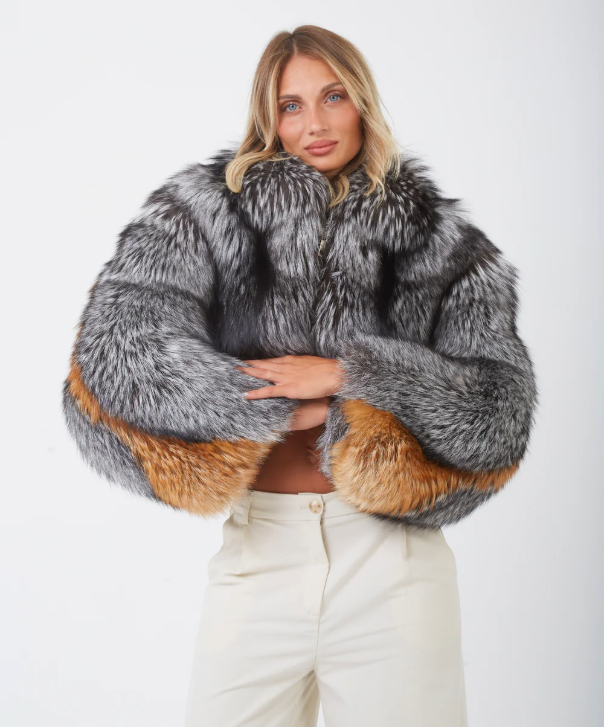 Braun gefärbte Silberfuchspelzjacke für Damen