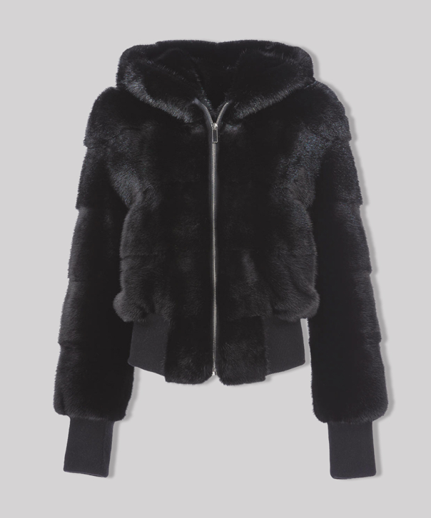 Short Hooded Black Mink Fur Jacket