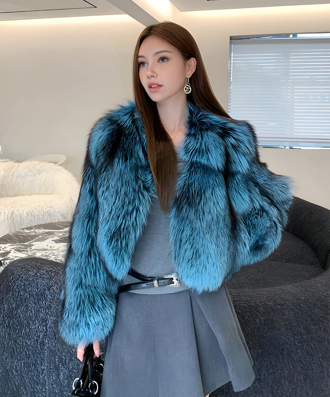 Women's Blue Dyed Silver Fox Fur Jacket