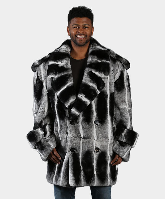 Chinchilla-Dyed Double-Breasted Rex Rabbit Fur Coat