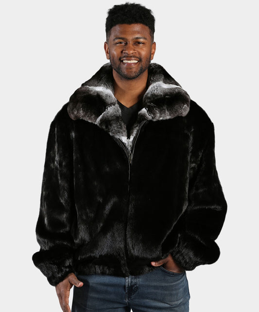 Black Mink Fur Bomber Jacket with Chinchilla Fur Collar