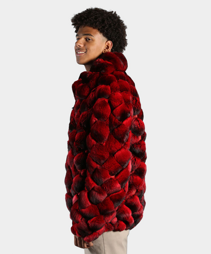 Crimson Chinchilla Fur Bubble Jacket
