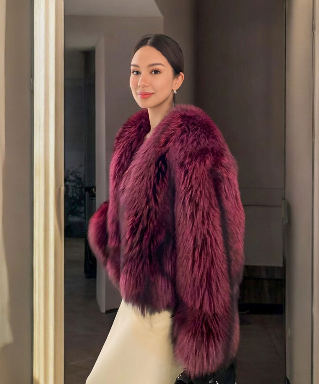 Women's Maroon Dyed Silver Fox Fur Jacket