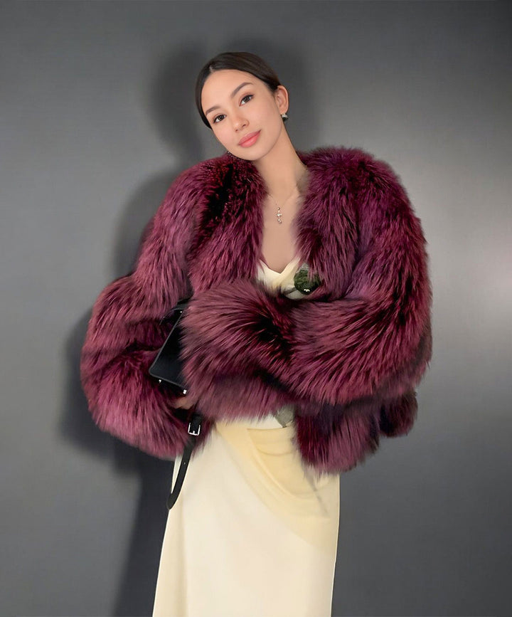 Women's Maroon Dyed Silver Fox Fur Jacket