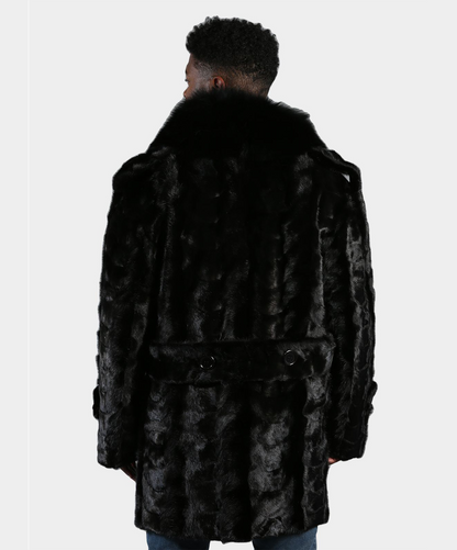 Black Mink Fur Pea Coat with Fox Collar