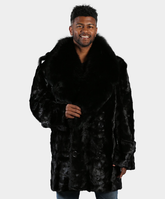 Black Mink Fur Pea Coat with Fox Collar