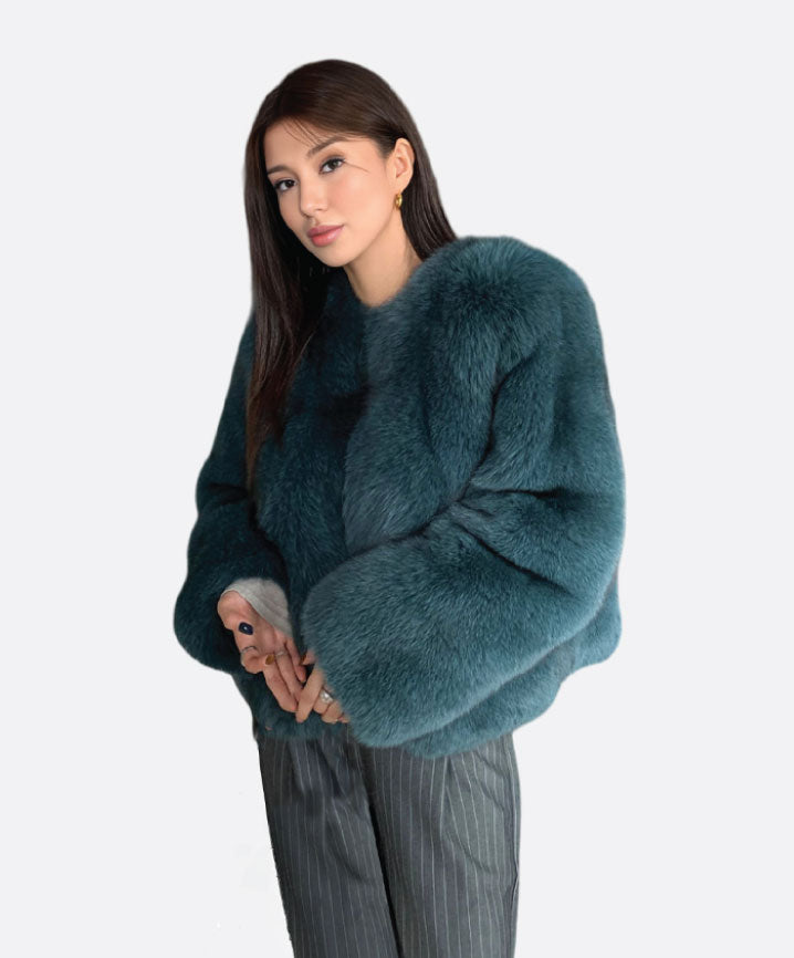 Women's Deep Teal V-Neck Fox Fur Jacket