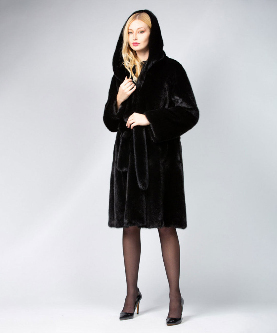 Women's Black Long Mink Coat with Hood