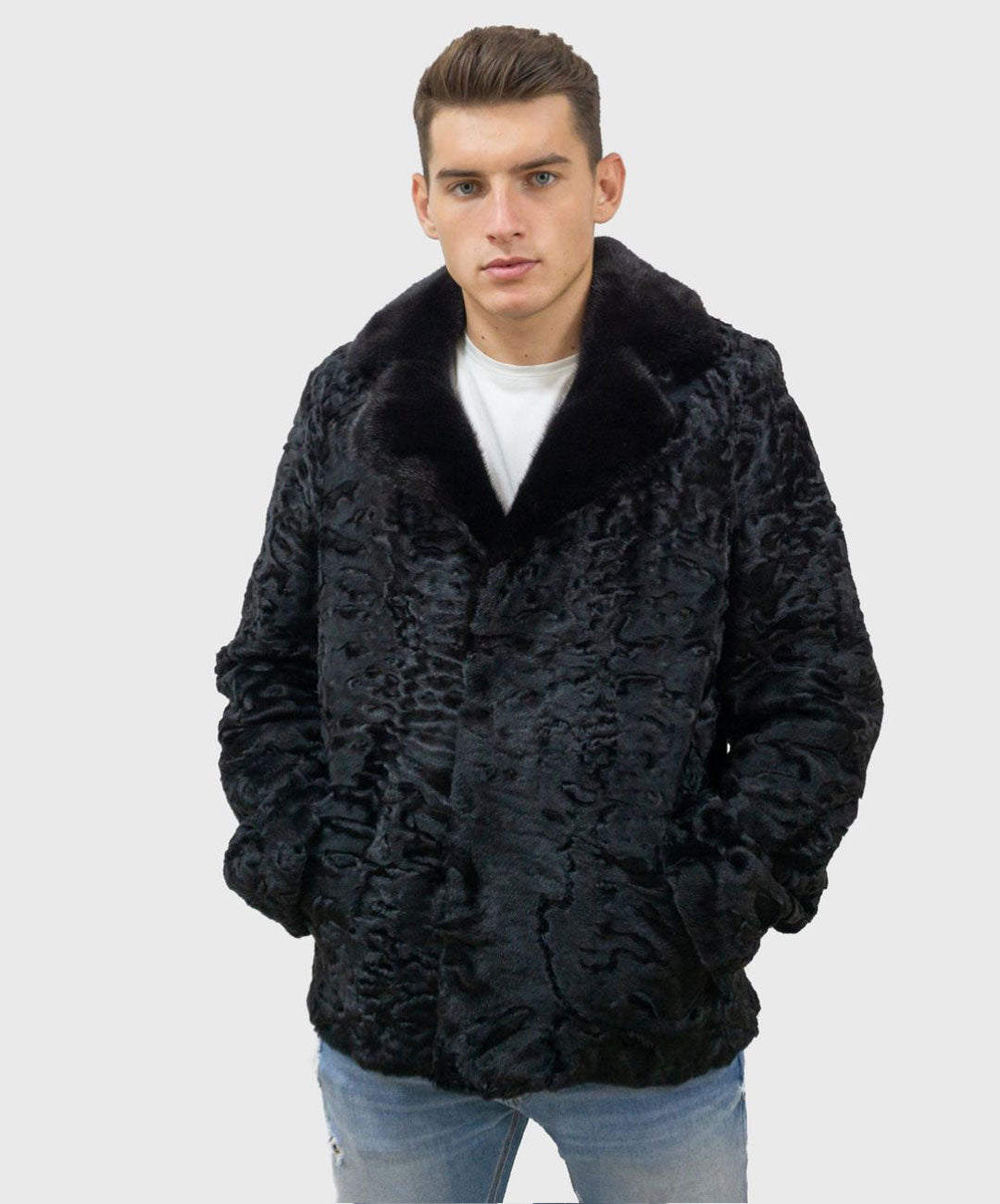Men's Black Astrakhan Fur Jacket with Mink Fur Collar