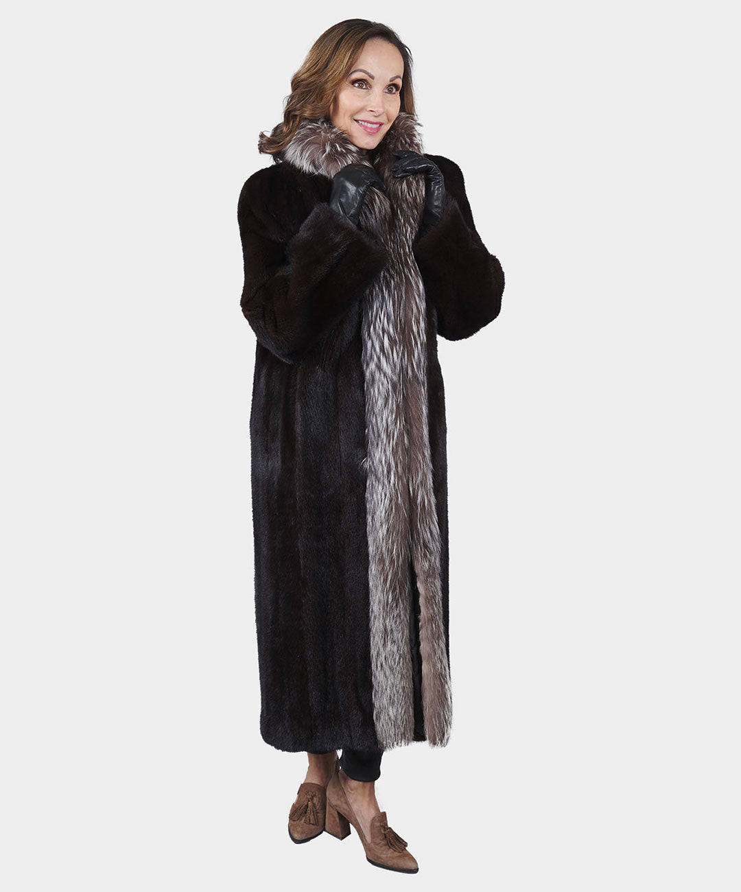 Women's Black Mink Fur Coat with Silver Fox