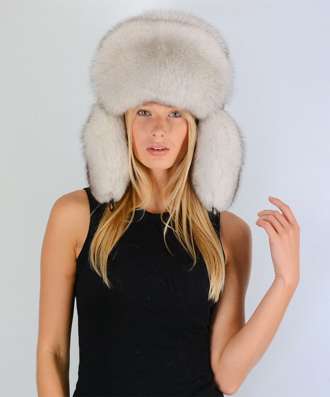 Women's Natural White Blue Fox Fur Bomber Aviator Trapper Cap
