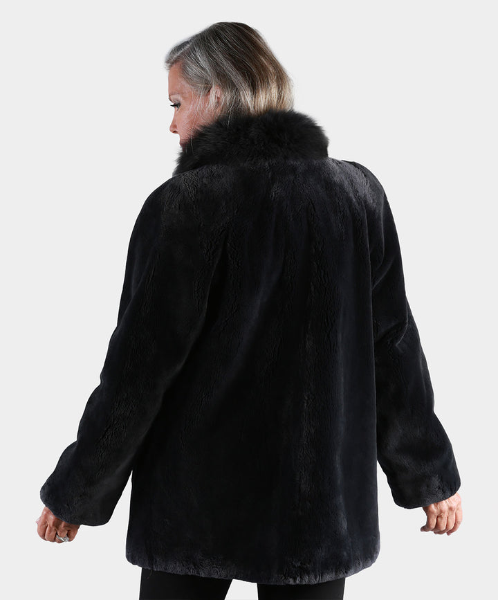 Women's Black Sheared Mink Fur Jacket with Fox Tuxedo