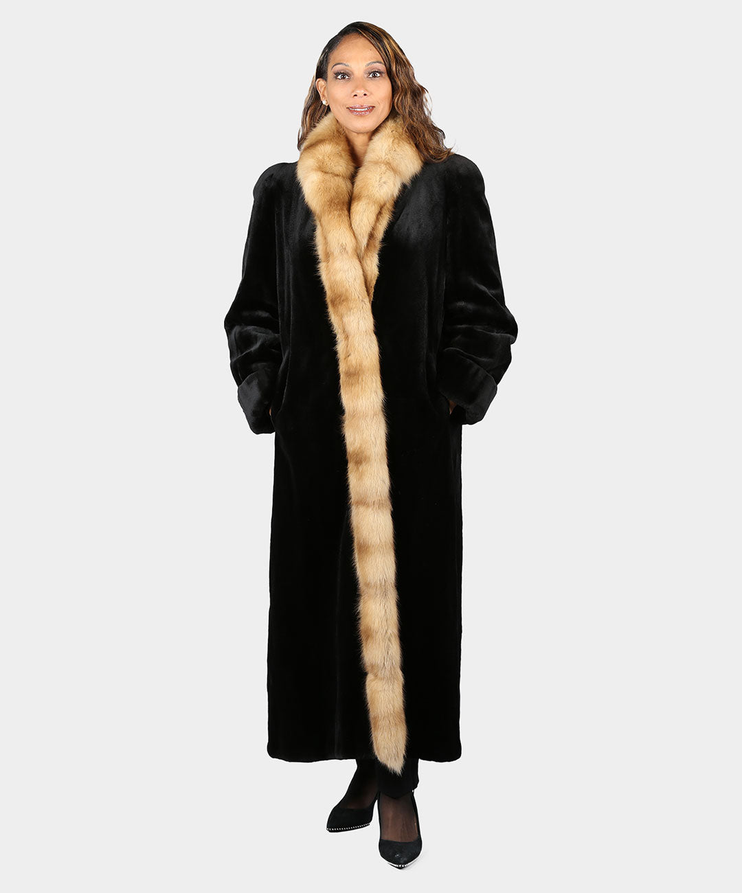 Women's Black Sheared Mink Fur Coat with Cross Cut Golden Fox Collar and Tuxedo Front