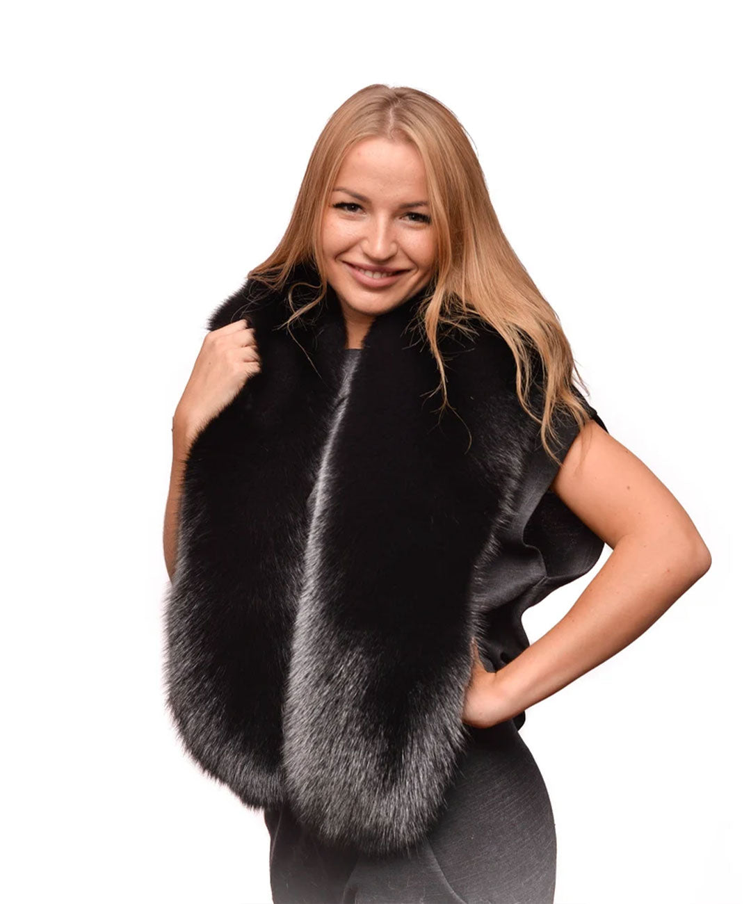 Schwarze Stola mit Fuchspelzkragen aus Samt für Damen