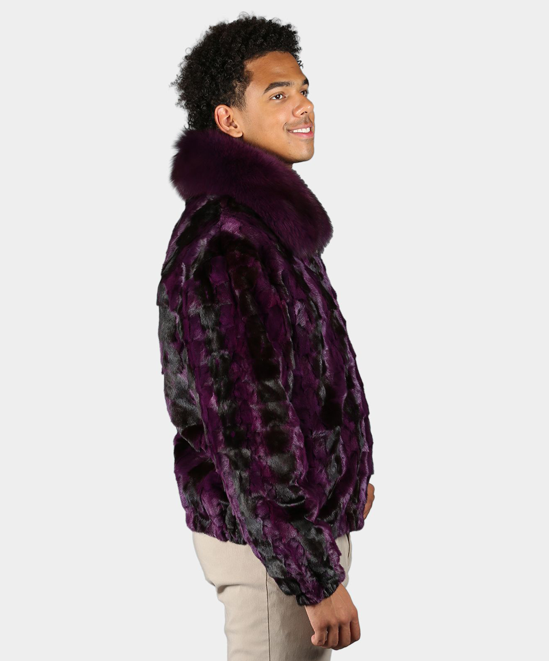 Cross Maroon Mink Fur Bomber Jacket with Fox Collar