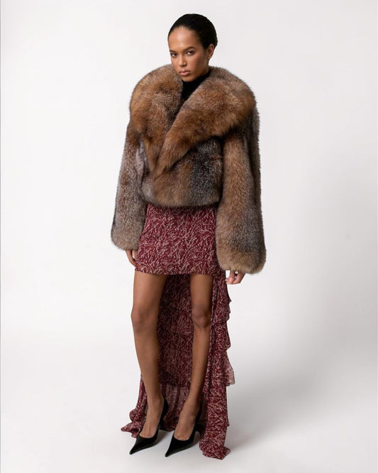 Shawl Collared Crystal Fox Fur Jacket
