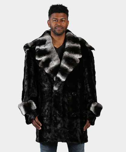 Cross Black Mink Fur Pea Coat with Rex Rabbit Collar