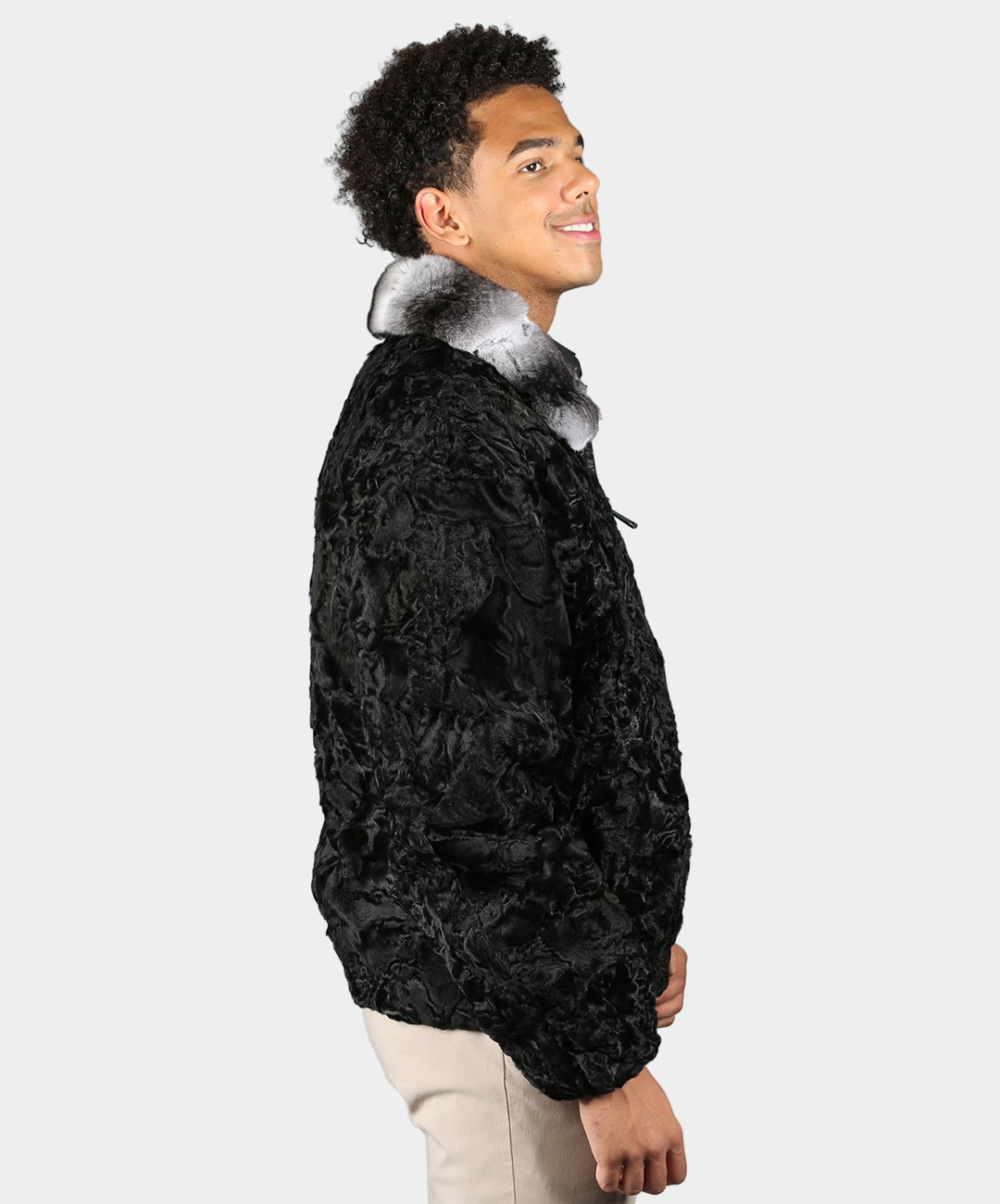 Black Persian Lamb Fur Bomber Jacket with Chinchilla Collar