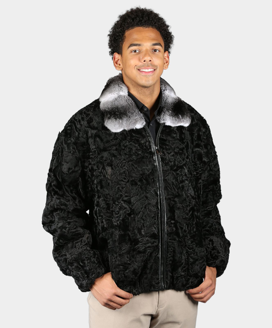 Black Persian Lamb Fur Bomber Jacket with Chinchilla Collar