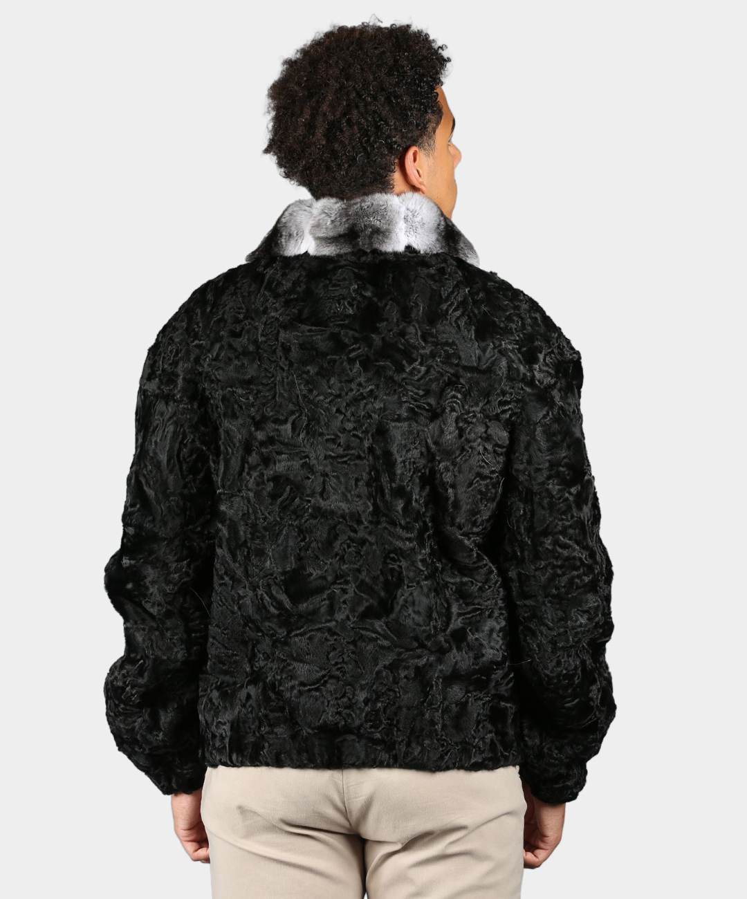 Black Persian Lamb Fur Bomber Jacket with Chinchilla Collar